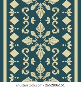 Elegância Étnica Motivo Moderno Tailandês Estilo Floral Ornamento Impressão Digital Barroco Marfim Rolar no fundo Verde Escuro. Oriental Boutique Jasmine Geométrica Sem Costura Borda Padrão Bordado Seda