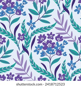 Elegance flora vector seamless pattern. Vector hand-drawn flowers repeat background on light blue backdrop. Botanical fabric design.   Floral blue female print.