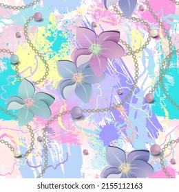 Elegance floral jewelry 3d seamless pattern. Watercolor pastel background with hand drawn brush strokes, doddles. Beautiful 3d flowers summer ornaments with chains, 3d pearls, splatters, splashes.