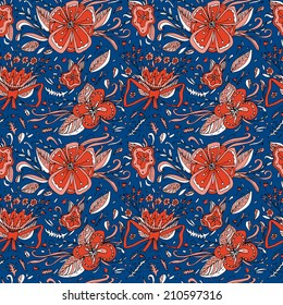 Elegance floral seamless pattern. Flowers and leaves. Can be used for invitations, cards or print. Vector illustration. Bright colors and dark background.