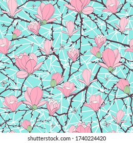 Elegance floral seamless pattern. Spring Magnolia flowes. Vector bacgraund