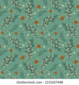 Elegance floral seamless patternl. Nature green background. Fabric texture. Textile pattern. Retro Style.
