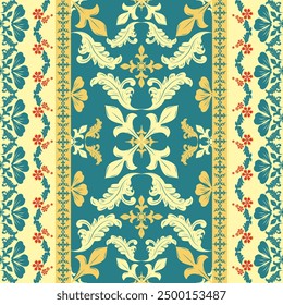 Elegance Florals Border Luxury Design With Yellow Green Red Scroll Ornament Exquisitely Decoration Deluxe Royal Silk Brocade Embroidery Leaves Petals Fleur de lis Seamless Victorian Style Print Stripe