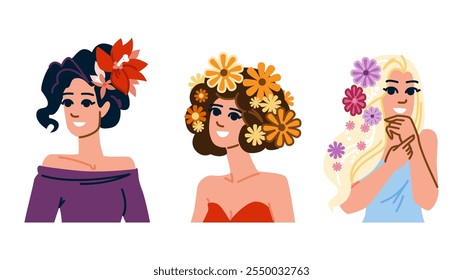 elegance flower in hair woman  vector.  style fashion, accessory petal, chic grace elegance flower in hair woman character. people flat cartoon illustration