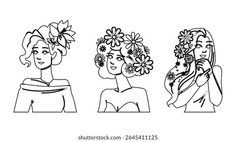 flor de elegância no vetor da mulher de cabelo. moda estilo, pétala acessória, elegância chique flor no personagem da mulher de cabelo. pessoas linha preta lápis desenho ilustração