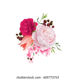 Elegance flowers bouquet of color roses and tulip . Composition with blossom flowers and branches. Vector illustration.