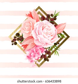 Elegance flowers bouquet of color roses and tulips. Composition with blossom flowers and branches on the geometric design element. Vector illustration.