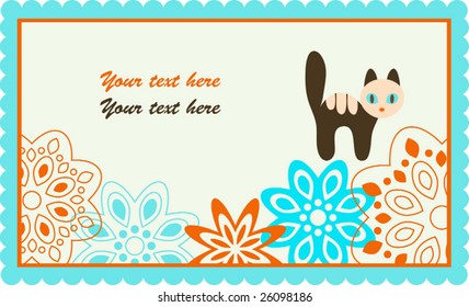Elegance frame with cute cat and ornate flowers. Vector illustration.