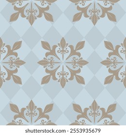 Elegance Gentle Men's Wear Pattern Blueish Grey Shade on Argyle Background Pale Gold Scroll Ornament Nature Decoration Border Seamless Vector High Class Rich Elaborate Design Exquisitely Necktie Manly