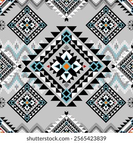 Elegance Geometric Tribal Hand Craft Silk Weaves Detailed of Black White Blue On Grey Background. Heritage of Royal Ethnic Traditional  Pattern. Grandeur Elaborate Traditional Origins Design Seamless