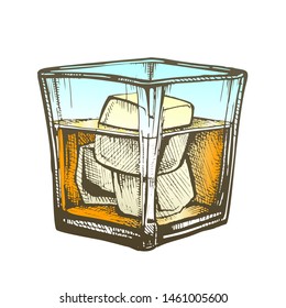 Elegance Glass With Brandy And Ice Cubes . Design Decorative Glass With Frappe Strong Booze Spirit Produced By Distilling Wine. Chilled Classic Alcoholic Drink Color Illustration