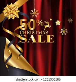 Elegance gold Christmas sale banner poster with page curl design with 50% in golden color on red crumpled satin cloth background with copy space. EPS10 Vector illustration.