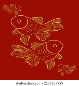 Elegance Gold Fish Swimming Together. Abstract Hand Draw Line Vector. Golden Silk Weaves Embroidery Pattern. Oriental Zen Pieces Zodiac Craft. Elaborate Draft Animal Scroll Ornament on Red Background.