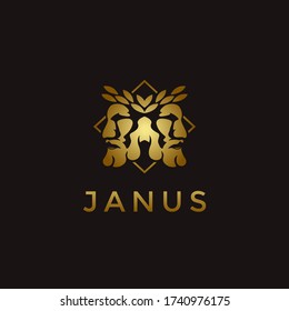Elegance gold Janus God logo wearing leaf crown vector icon on black background