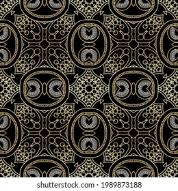 Elegance gold lines seamless pattern. Vector ornamental lacy background. Repeat greek style backdrop. Beautiful line art floral ornaments with flowers, lines, greek key, meanders. Decorative design.