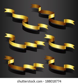 Elegance gold ribbon banner blank set isolated on black background