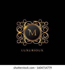 Elegance Golden Luxurious Letter M logo, vector design concept geometric circle shape with initial letter logo icon for luxury business identity.