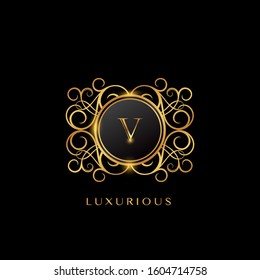 Elegance Golden Luxurious Letter V logo, vector design concept geometric circle shape with initial letter logo icon for luxury business identity.
