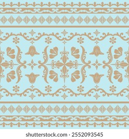 Tejidos de seda dorada de elegancia sobre fondo pastel azul real. Exquisitamente pétalos patrón floral estilo victoriano. Elaborado diseño de alta costura de la decoración de la frontera para la etiqueta de invitación de la alfombra de brocado.