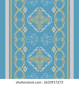 Elegance Golden Silver Striped Border Pattern with Delicate Scroll Ornament Fleur de lis Medieval Abstract Floral Design on Blue Background. Exquisite Luxury Frame and Geometric For Embroidery Carpet 