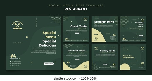 Elegance Green Social Media Template In Square Design. Restaurant Template Design In Green Color. Good Template For Online Advertisement Design