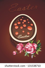 Elegance greeting card with Easter egg-cake with chocolate icing. Detailed vector illustration.