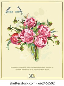 Elegance greeting card with pink Peony flower. Floral template for wedding's Day design