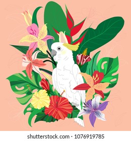 Elegance hand draw trendy Cockatoo bird and bouquet of Lily, Hibiscus, Heliconia Flower with leaves on light pink background, Textile pattern print, Eps 10 Vector