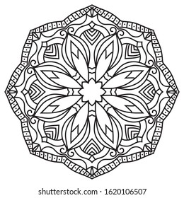 Elegance hand drawn round black lace ornament,mandala,vector illustration. Mandala pattern. Decorative round element. Circle ornament. Ethnic motif. Black and white round pattern for coloring book.