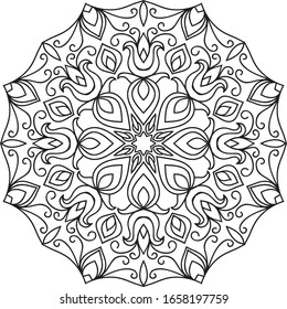 Elegance hand drawn round black lace ornament,mandala,vector illustration. Mandala pattern. Decorative round element. Circle ornament. Ethnic motif. Black and white round pattern for coloring book. 