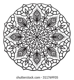 elegance hand drawn round black lace ornament, mandala, zentangle, vector illustration.