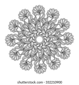 elegance hand drawn round black and white floral ornament, mandala, zentangle, vector illustration.