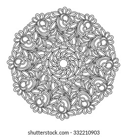 elegance hand drawn round black and white floral ornament, mandala, zentangle, vector illustration.