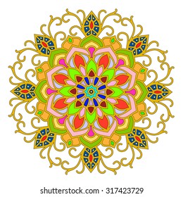 elegance hand drawn round colorful lace ornament, mandala, zentangle, vector illustration.