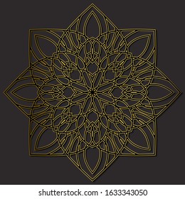 Elegance hand drawn round gold lace ornament,mandala,vector illustration. Mandala pattern. Decorative round element over black background. Circle ornament. Ethnic motif.