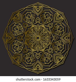 Elegance hand drawn round gold lace ornament,mandala,vector illustration. Mandala pattern. Decorative round element over black background. Circle ornament. Ethnic motif.