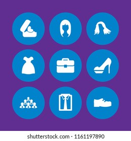elegance icon. 9 elegance set with male human group of men with ties, dress, woman dark long hair shape and male businessman clothes vector icons for web and mobile app