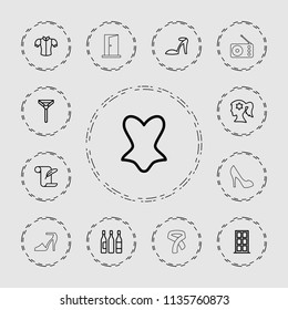 Elegance icon. collection of 13 elegance outline icons such as door, woman face with flower in hair, heel sandals, corset, blouse. editable elegance icons for web and mobile.