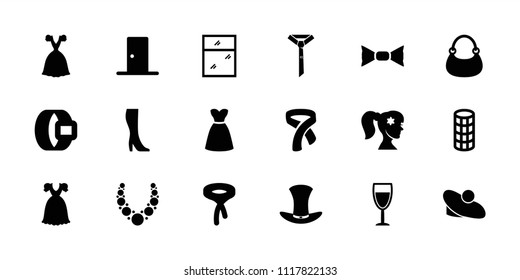 Elegance icon. collection of 18 elegance filled icons such as hair curler, bow tie, tie, bag, dress, hat, door, wine glass, belt. editable elegance icons for web and mobile.