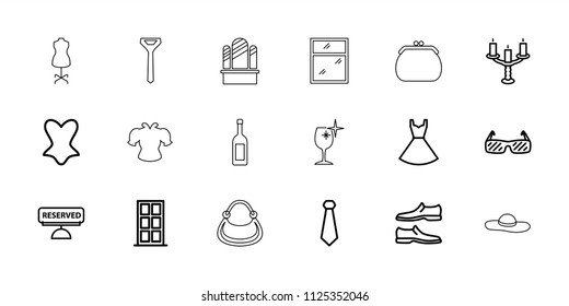 Elegance icon. collection of 18 elegance outline icons such as door, man shoe, corset, dress, tie, reserved, candlestick. editable elegance icons for web and mobile.