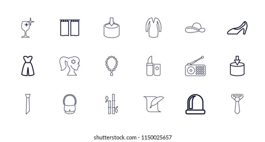 Elegance icon. collection of 18 elegance outline icons such as dress, entrance, woman shoe, opened door, curtain, lipstick. editable elegance icons for web and mobile.