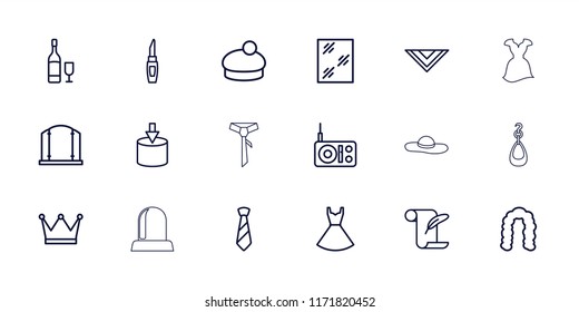 Elegance icon. collection of 18 elegance outline icons such as gate, hairstyle, lipstick, window, cravat, dress, woman hat. editable elegance icons for web and mobile.