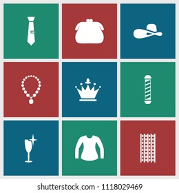 Elegance icon. collection of 9 elegance filled icons such as clean wine glass, woman hat, purse, necklace, hair curler, crown. editable elegance icons for web and mobile.