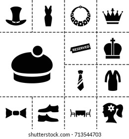 Elegance icon. set of 13 filled elegance icons such as woman face with flower in hair, crown, man shoe, dress, bow tie, woman hat, tie, hat, reserved, restaurant table