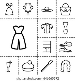 Elegance icon. set of 13 outline eleganceicons such as nailfile, hairstyle, necklace, woman bag, clean wine glass, wardrobe, man shoe, blouse, dress, woman hat