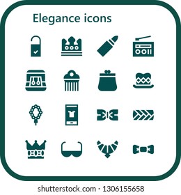 elegance icon set. 16 filled elegance icons.  Collection Of - Doorknob, Crown, Lipstick, Radio, Earrings, Comb, Purse, Top hat, Necklace, Fashion, Bow tie, Plait, Sun glasses