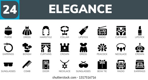 elegance icon set. 24 filled elegance icons.  Simple modern icons about  - Purse, Dress, Hairstyle, Collar, Lipstick, Radio, Curtains, Earrings, Bonsai, Crown, Peacock, Necklace