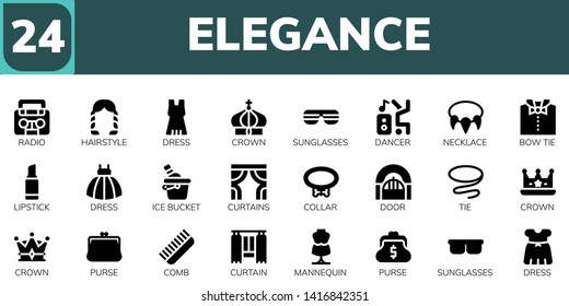 elegance icon set. 24 filled elegance icons.  Collection Of - Radio, Hairstyle, Dress, Crown, Sunglasses, Dancer, Necklace, Bow tie, Lipstick, Ice bucket, Curtains, Collar, Door