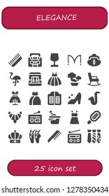  elegance icon set. 25 filled elegance icons. Simple modern icons about  - Comb, Radio, Wine glass, Doors, Purse, Flamingo, Earrings, Dress, Bonsai, Rocking chair, Cinderella