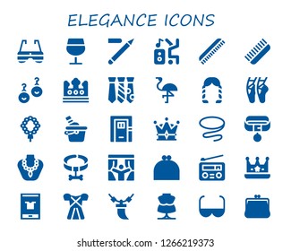  elegance icon set. 30 filled elegance icons. Simple modern icons about  - Sunglasses, Wine glass, Eyeliner, Dancer, Comb, Earrings, Crown, Tie, Flamingo, Hairstyle, Ballet, Necklace
